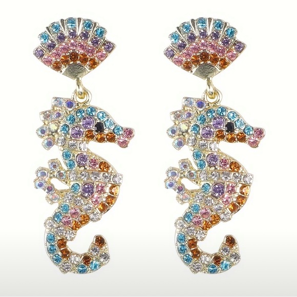 Jewelry - Vintage Look Seahorse-Shaped Alloy Drop Earrings Rhinestones NEW